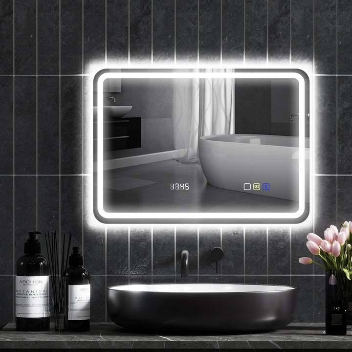 Espelho de Casa de Banho com Luz LED 70x50 cm Espelho de Parede com Bluetooth 3 Cores de Luz Relógio Digital Função Antiembaciamento Função de Memória Interruptor Tátil IP44 Prata