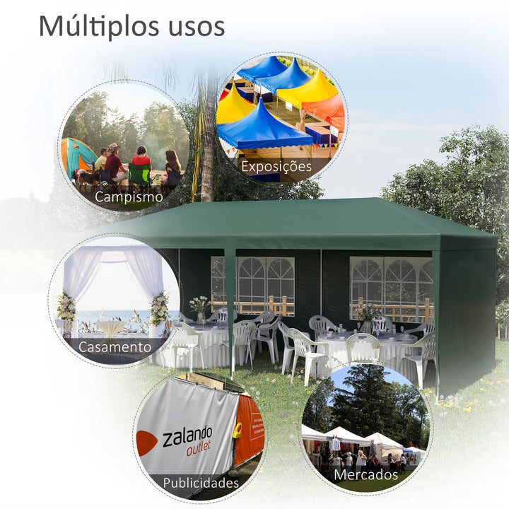 Tenda para Festas 585x295x255 cm com 4 Paredes Laterais e 2 Janelas Pérgola de Exterior com Estrutura de Aço para Festas Eventos Casamentos Verde