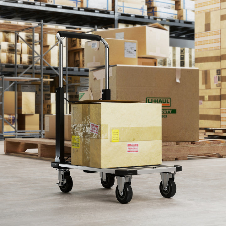 Carro de Transporte Dobrável de Alumínio com Rodas Carga 150 kg Carro de Mão com Plataforma Extensível e Pega Ajustável para Garagem, Escritório Bagagem Viagens e Compras 71,5x42x95 cm Prata e Preto