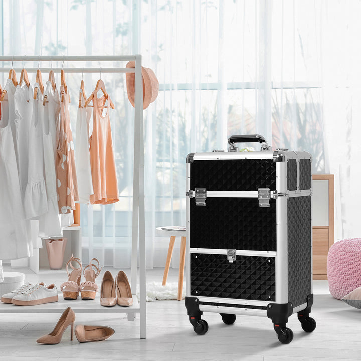 Mala de Maquilhagem Profissional com Gaveta Mala de Maquilhagem com Rodas para Viagem Trabalho 34x25x62 cm Preto