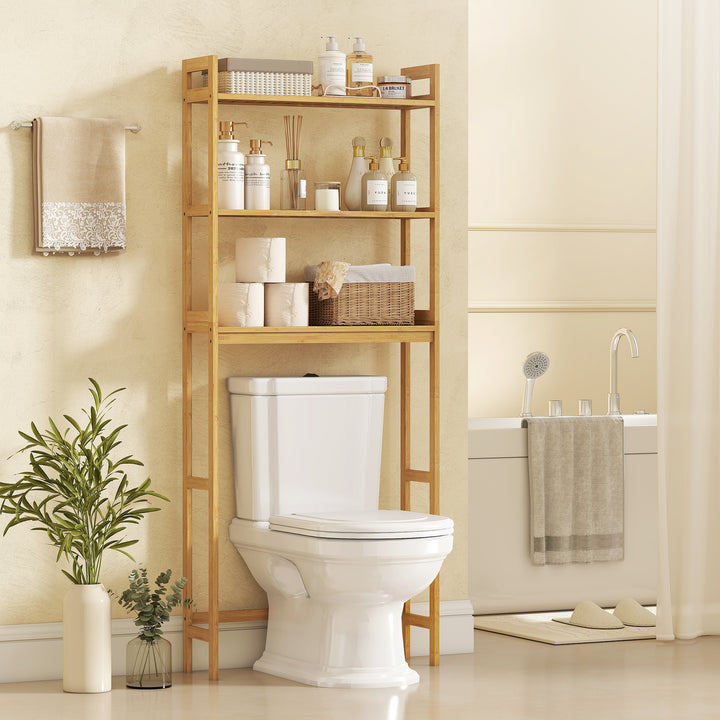 Estante sobre Sanita de Bambu Estante Casa de Banho com 3 Prateleiras Pés com Almofadas Antiderrapantes e Anti-Tombo Estilo Moderno 68x20x135 cm Madeira