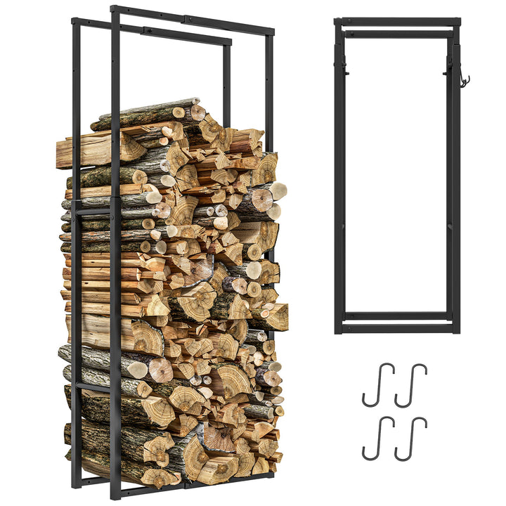 Suporte para Lenha Extensível Suporte para Lenha Metálico com 4 Ganchos Carga Máxima 100 kg para Interior e Exterior 40-65x25x100-150 cm Preto