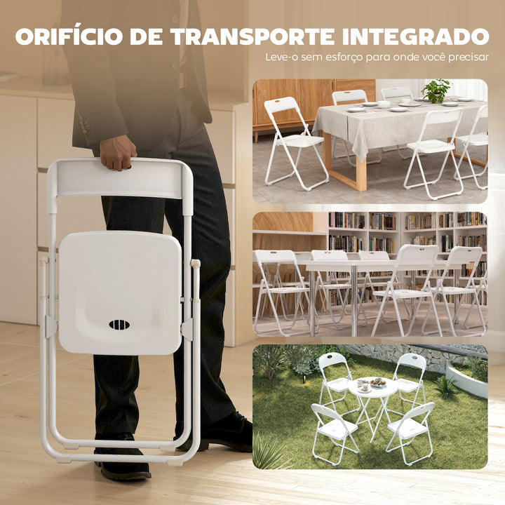 Conjunto de 6 Cadeiras Dobráveis de Plástico e Aço Cadeiras Dobráveis com Encosto Curvo Assento Côncavo com Ventilação Para Espaços Pequenos Sala de Estar Sala de Jantar Cozinha 48,5x47x75 cm Branco