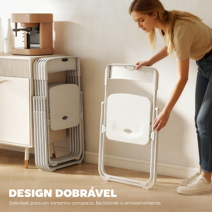 Conjunto de 6 Cadeiras Dobráveis de Plástico e Aço Cadeiras Dobráveis com Encosto Curvo Assento Côncavo com Ventilação Para Espaços Pequenos Sala de Estar Sala de Jantar Cozinha 48,5x47x75 cm Branco