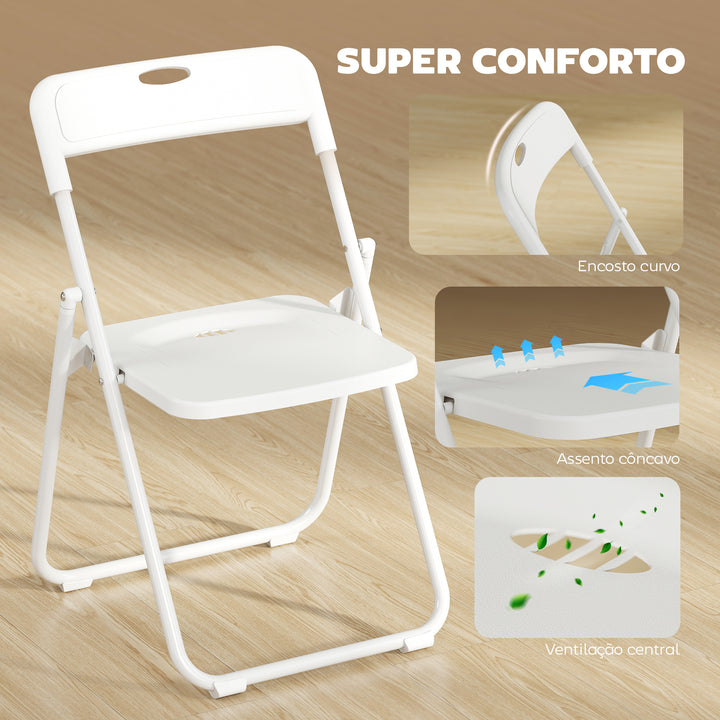Conjunto de 6 Cadeiras Dobráveis de Plástico e Aço Cadeiras Dobráveis com Encosto Curvo Assento Côncavo com Ventilação Para Espaços Pequenos Sala de Estar Sala de Jantar Cozinha 48,5x47x75 cm Branco
