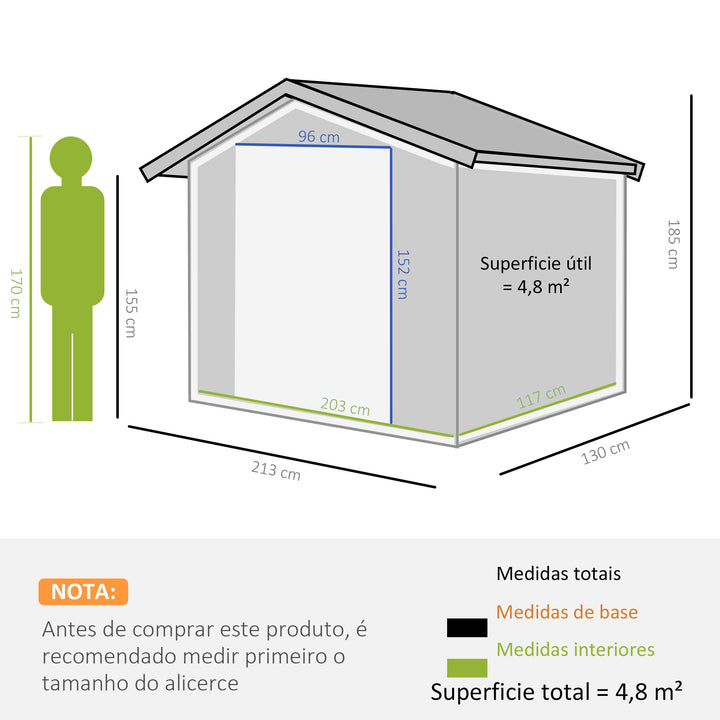 Abrigo de Jardim 213x130x185 cm Abrigo de Jardim Metálico de Exterior para Armazenamento de Ferramentas com 2 Portas Deslizantes e 4 Janelas para Terraço Madeira