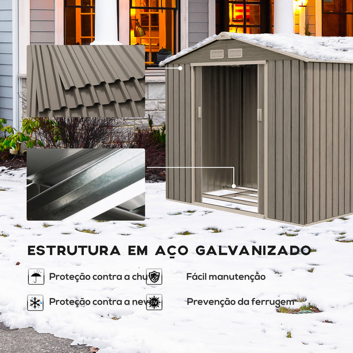 Abrigo de Jardim 213x130x185 cm Abrigo de Jardim Metálico de Exterior para Armazenamento de Ferramentas com 2 Portas Deslizantes e 4 Janelas para Terraço Madeira