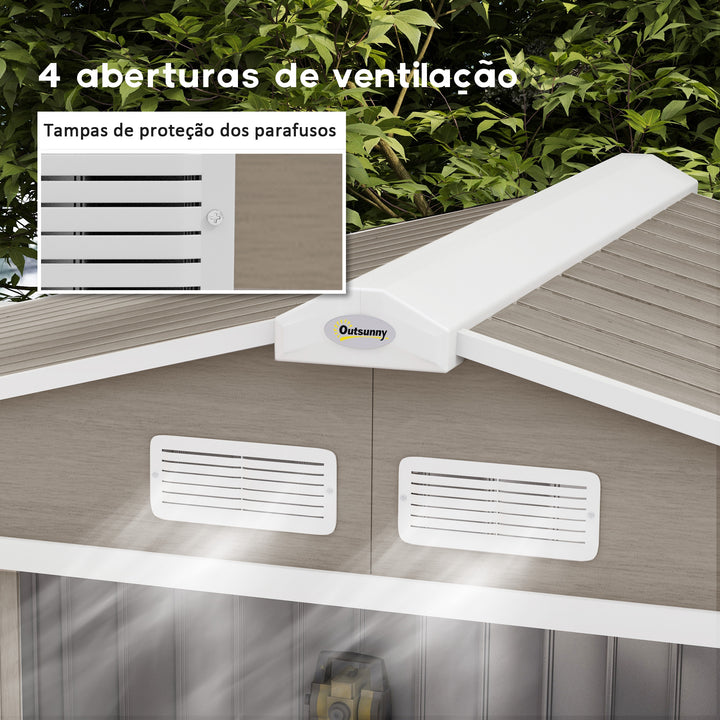 Abrigo de Jardim 213x130x185 cm Abrigo de Jardim Metálico de Exterior para Armazenamento de Ferramentas com 2 Portas Deslizantes e 4 Janelas para Terraço Madeira