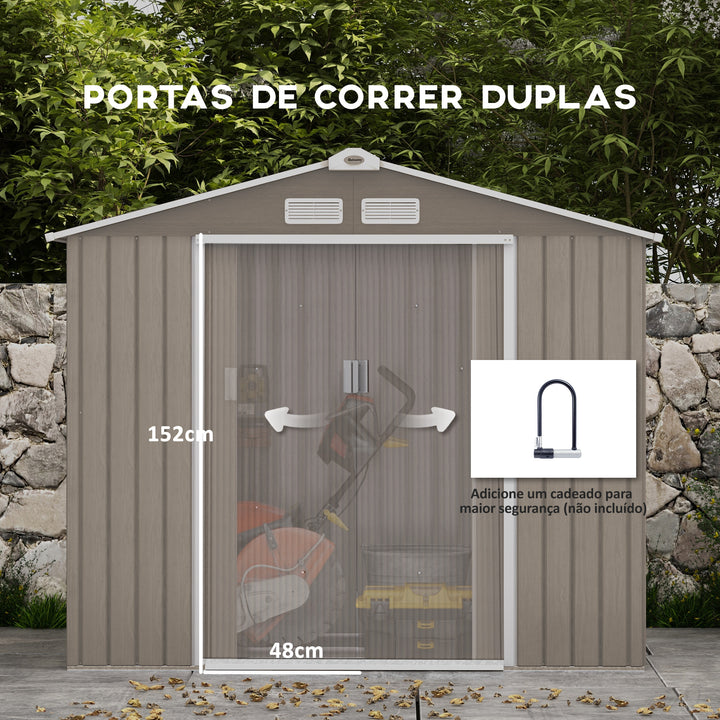 Abrigo de Jardim 213x130x185 cm Abrigo de Jardim Metálico de Exterior para Armazenamento de Ferramentas com 2 Portas Deslizantes e 4 Janelas para Terraço Madeira