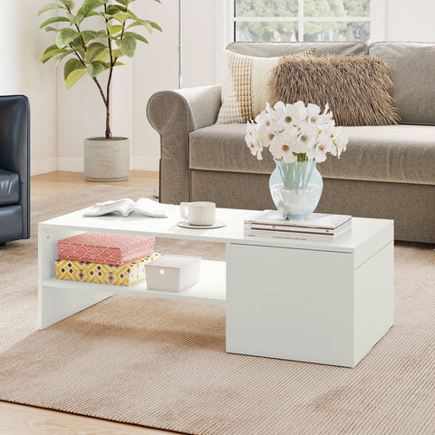 Mesa de Centro com Superfície Deslizante Moderna com Compartimento Oculto Prateleira Aberta para Sala Escritório 110x52x36 cm Branco