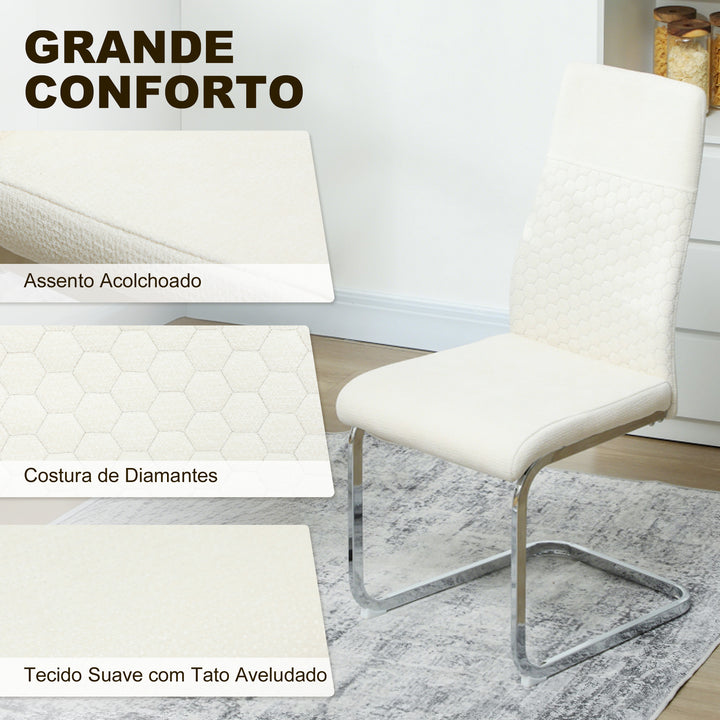 Conjunto de 4 Cadeiras de Sala de Jantar Estofadas em Veludo com Assento Acolchoado e Pés de Metal Cadeiras Cantilever Modernas 45x61x98 cm Creme