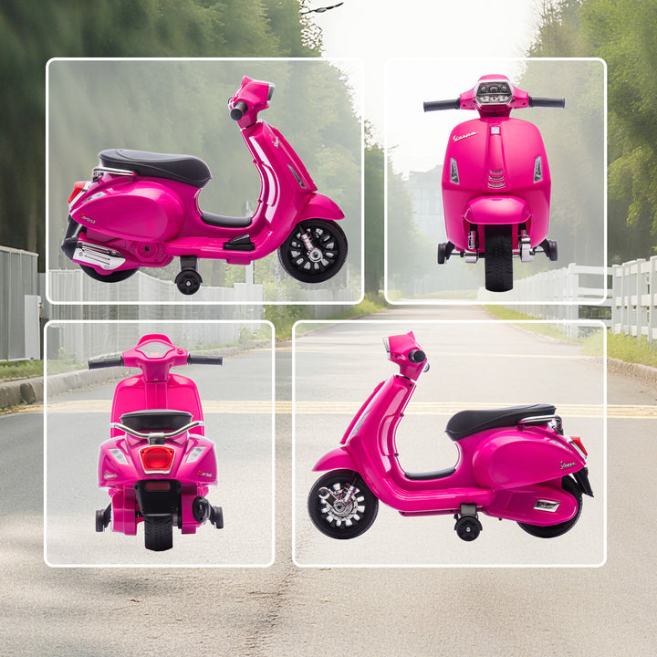 Mota Elétrica para Crianças 6V com Licença Vespa Mota Elétrica Infantil com Rodas Auxiliares Velocidade de 2,5km/h Farol e Buzina para Crianças de 2-6 Anos 71x37x52 cm Rosa