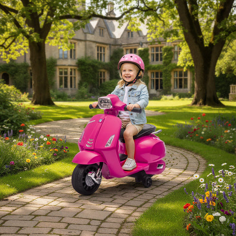 Mota Elétrica para Crianças 6V com Licença Vespa Mota Elétrica Infantil com Rodas Auxiliares Velocidade de 2,5km/h Farol e Buzina para Crianças de 2-6 Anos 71x37x52 cm Rosa