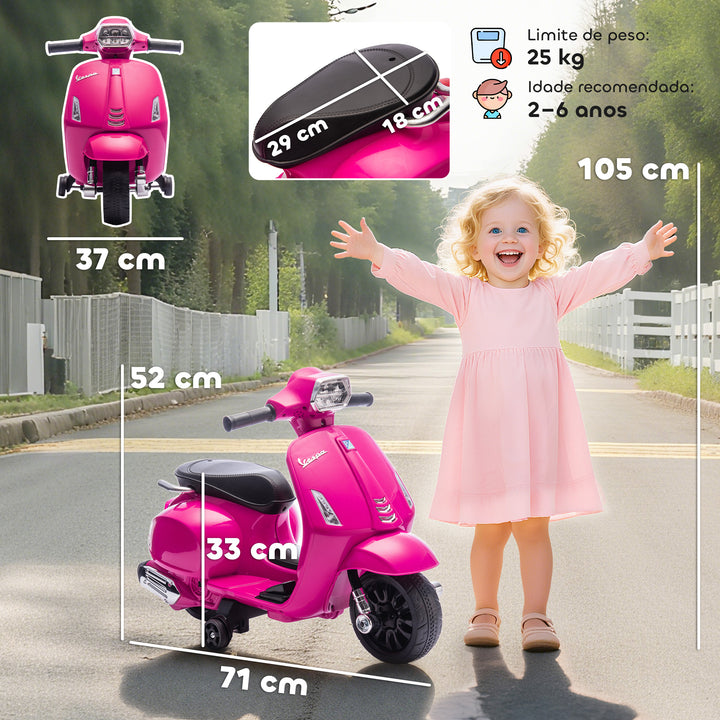 Mota Elétrica para Crianças 6V com Licença Vespa Mota Elétrica Infantil com Rodas Auxiliares Velocidade de 2,5km/h Farol e Buzina para Crianças de 2-6 Anos 71x37x52 cm Rosa