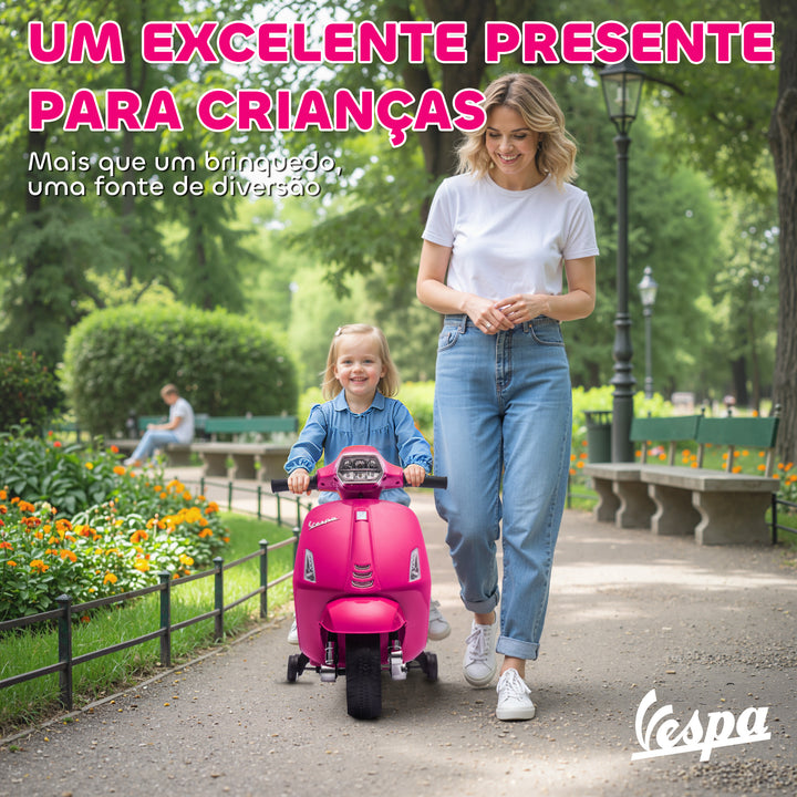 Mota Elétrica para Crianças 6V com Licença Vespa Mota Elétrica Infantil com Rodas Auxiliares Velocidade de 2,5km/h Farol e Buzina para Crianças de 2-6 Anos 71x37x52 cm Rosa