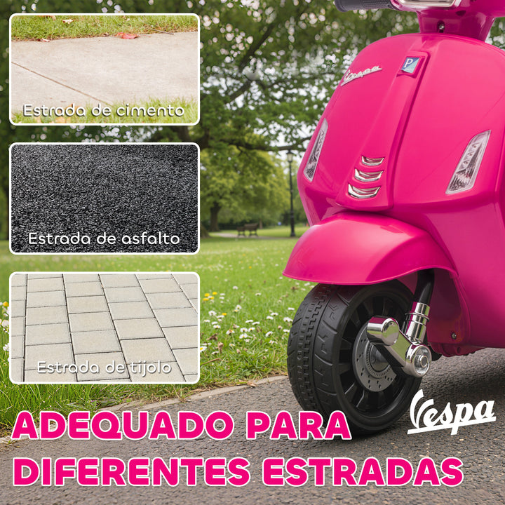 Mota Elétrica para Crianças 6V com Licença Vespa Mota Elétrica Infantil com Rodas Auxiliares Velocidade de 2,5km/h Farol e Buzina para Crianças de 2-6 Anos 71x37x52 cm Rosa