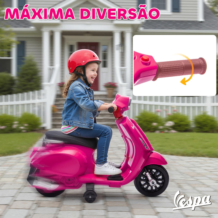 Mota Elétrica para Crianças 6V com Licença Vespa Mota Elétrica Infantil com Rodas Auxiliares Velocidade de 2,5km/h Farol e Buzina para Crianças de 2-6 Anos 71x37x52 cm Rosa