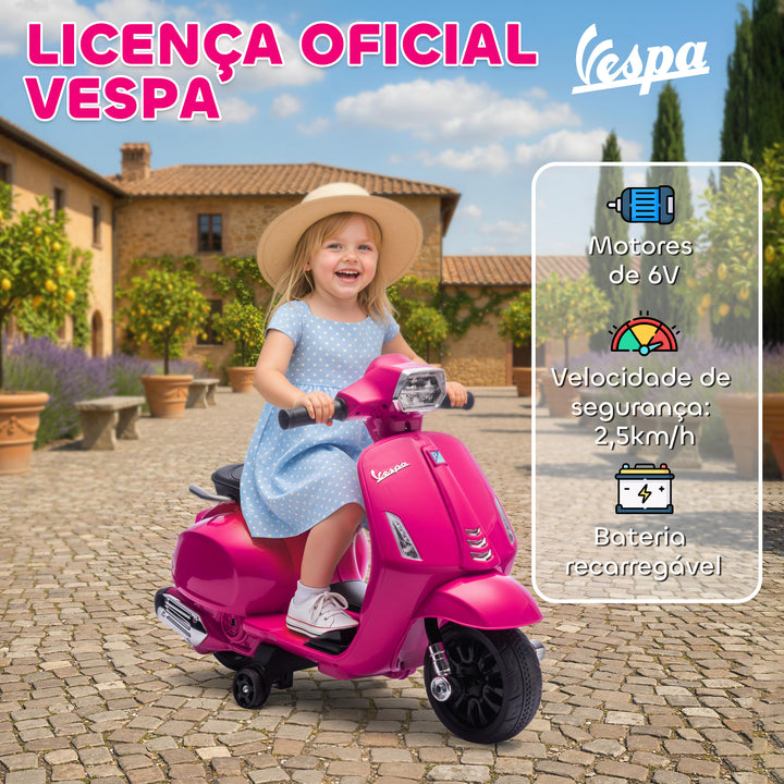 Mota Elétrica para Crianças 6V com Licença Vespa Mota Elétrica Infantil com Rodas Auxiliares Velocidade de 2,5km/h Farol e Buzina para Crianças de 2-6 Anos 71x37x52 cm Rosa
