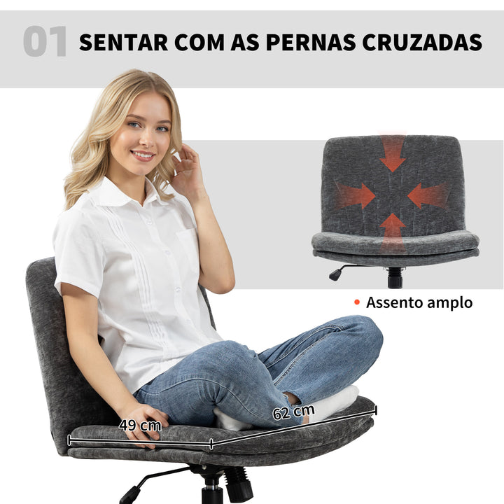 Cadeira de Escritório Pernas Cruzadas Cadeira de Secretária com Assento Largo sem Apoios de Braço Rodas Altura Ajustável Giratória Função Basculante Estofada em Chenille Cinza