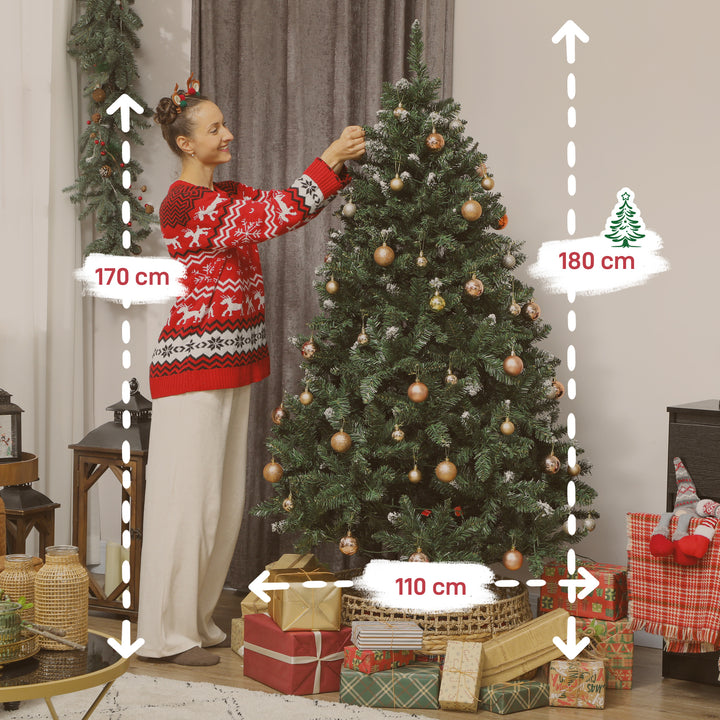 Árvore de Natal 180 cm Árvore Natalícia de Abeto com Luzes LED 9 Modos de Iluminação 802 Ramos com Neve Artificial Suporte Metálico Fácil de Montar Verde