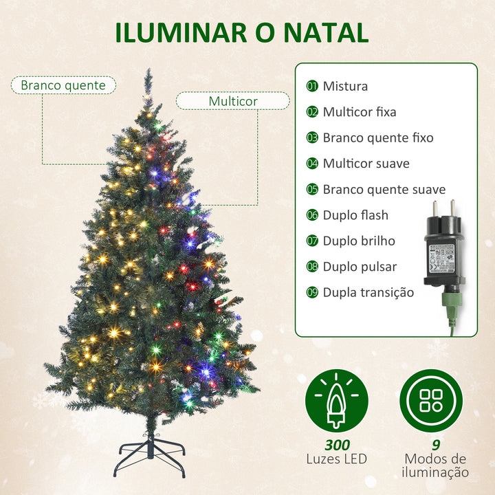 Árvore de Natal 180 cm Árvore Natalícia de Abeto com Luzes LED 9 Modos de Iluminação 802 Ramos com Neve Artificial Suporte Metálico Fácil de Montar Verde
