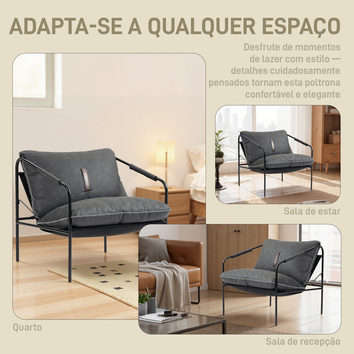 Poltrona Moderna Poltrona de Leitura Estofada em Couro Sintético Capas de Almofadas Removíveis Acolchoamento Espesso Pés de Metal para Quarto Escritório 74,5x75x77 cm Cinza Carvão