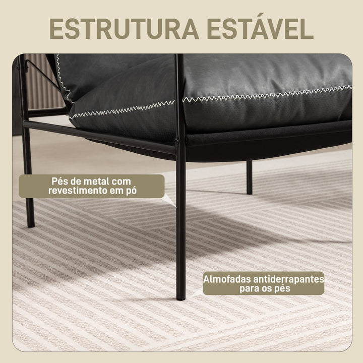 Poltrona Moderna Poltrona de Leitura Estofada em Couro Sintético Capas de Almofadas Removíveis Acolchoamento Espesso Pés de Metal para Quarto Escritório 74,5x75x77 cm Cinza Carvão