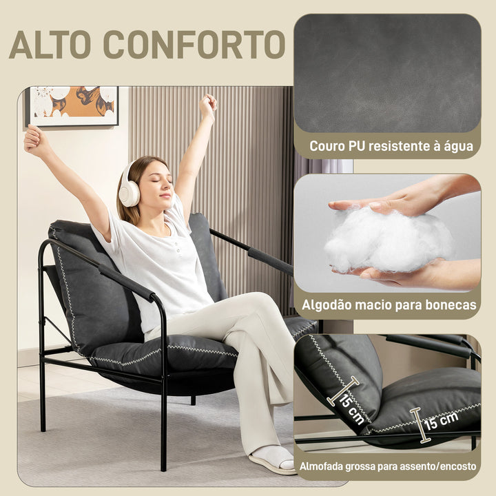 Poltrona Moderna Poltrona de Leitura Estofada em Couro Sintético Capas de Almofadas Removíveis Acolchoamento Espesso Pés de Metal para Quarto Escritório 74,5x75x77 cm Cinza Carvão
