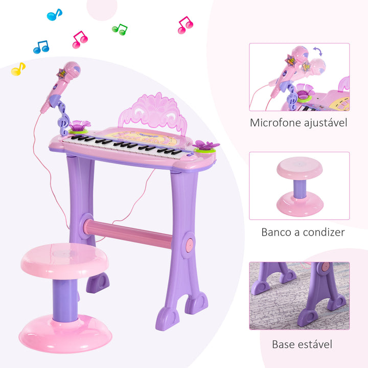 Órgão Eléctrico Infantil 37 Teclas Piano Infantil com Microfone Banquinho Luzes Ritmos Sons MP3 Karaoke Modo Aprender Rosa