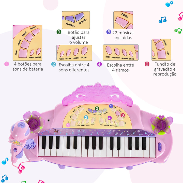 Órgão Eléctrico Infantil 37 Teclas Piano Infantil com Microfone Banquinho Luzes Ritmos Sons MP3 Karaoke Modo Aprender Rosa