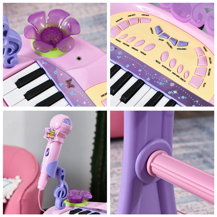 Órgão Eléctrico Infantil 37 Teclas Piano Infantil com Microfone Banquinho Luzes Ritmos Sons MP3 Karaoke Modo Aprender Rosa