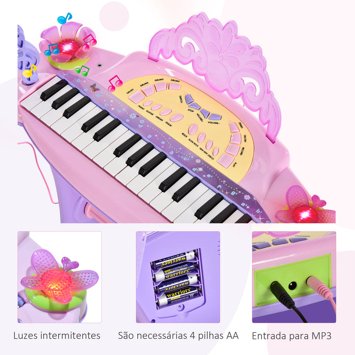 Órgão Eléctrico Infantil 37 Teclas Piano Infantil com Microfone Banquinho Luzes Ritmos Sons MP3 Karaoke Modo Aprender Rosa