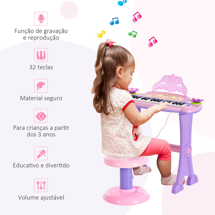 Órgão Eléctrico Infantil 37 Teclas Piano Infantil com Microfone Banquinho Luzes Ritmos Sons MP3 Karaoke Modo Aprender Rosa