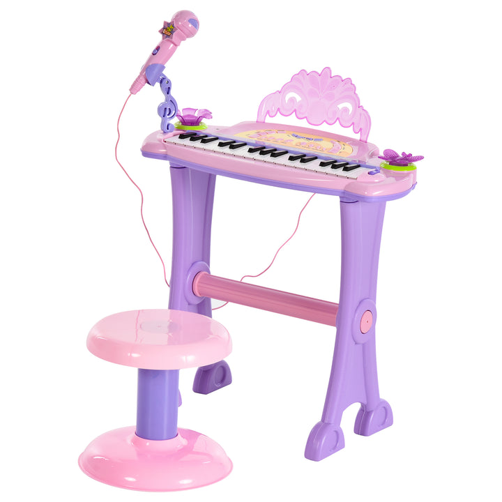 Órgão Eléctrico Infantil 37 Teclas Piano Infantil com Microfone Banquinho Luzes Ritmos Sons MP3 Karaoke Modo Aprender Rosa