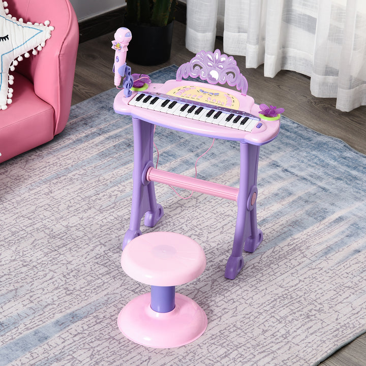 Órgão Eléctrico Infantil 37 Teclas Piano Infantil com Microfone Banquinho Luzes Ritmos Sons MP3 Karaoke Modo Aprender Rosa