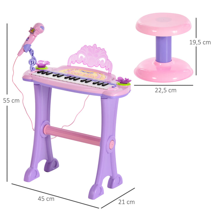 Órgão Eléctrico Infantil 37 Teclas Piano Infantil com Microfone Banquinho Luzes Ritmos Sons MP3 Karaoke Modo Aprender Rosa