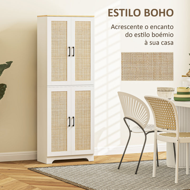 Armário de Cozinha Móvel Auxiliar de Cozinha com Prateleiras Ajustáveis Portas em Vime e Sistema Anti-Tombo 60x30x170 com Branco