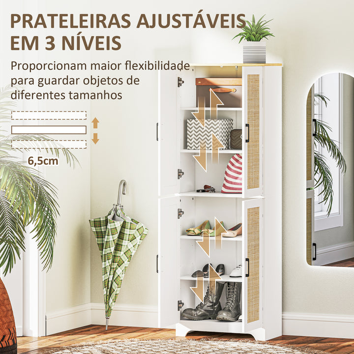 Armário de Cozinha Móvel Auxiliar de Cozinha com Prateleiras Ajustáveis Portas em Vime e Sistema Anti-Tombo 60x30x170 com Branco