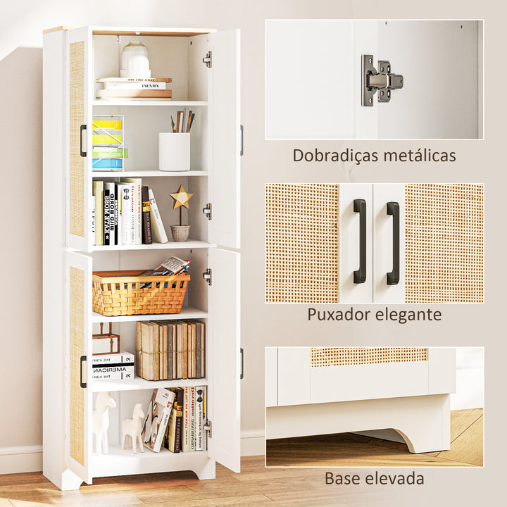 Armário de Cozinha Móvel Auxiliar de Cozinha com Prateleiras Ajustáveis Portas em Vime e Sistema Anti-Tombo 60x30x170 com Branco