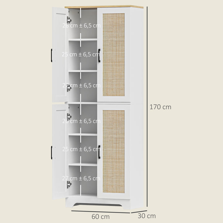Armário de Cozinha Móvel Auxiliar de Cozinha com Prateleiras Ajustáveis Portas em Vime e Sistema Anti-Tombo 60x30x170 com Branco