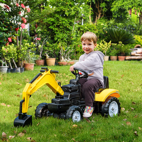Trator a Pedais para Crianças acima de 3 Anos Escavadora para Crianças com Pá Dianteira e Buzina Carga 35kg Trator Infantil para Exterior 107x42x71 cm Amarelo