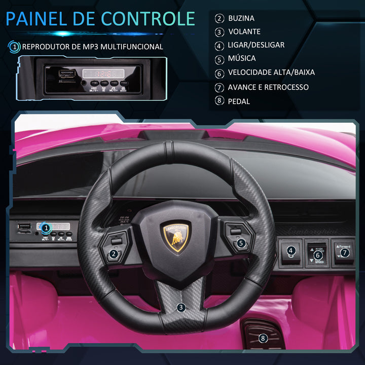 Carro Elétrico Lamborghini SIAN 12V para Crianças acima de 3 Anos com Controle Remoto Abertura da Porta Música MP3 USB e Faróis 108x62x40cm Rosa