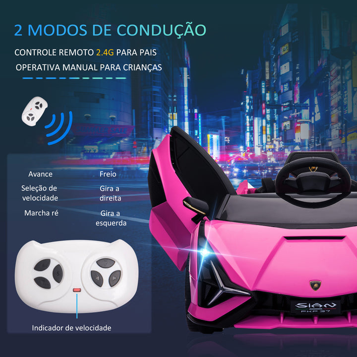 Carro Elétrico Lamborghini SIAN 12V para Crianças acima de 3 Anos com Controle Remoto Abertura da Porta Música MP3 USB e Faróis 108x62x40cm Rosa