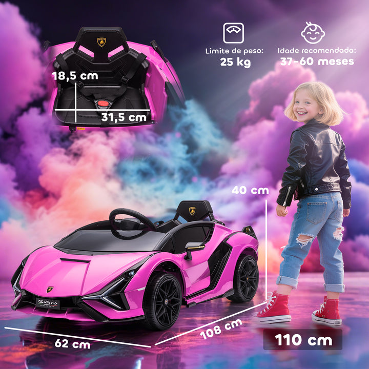 Carro Elétrico Lamborghini SIAN 12V para Crianças acima de 3 Anos com Controle Remoto Abertura da Porta Música MP3 USB e Faróis 108x62x40cm Rosa