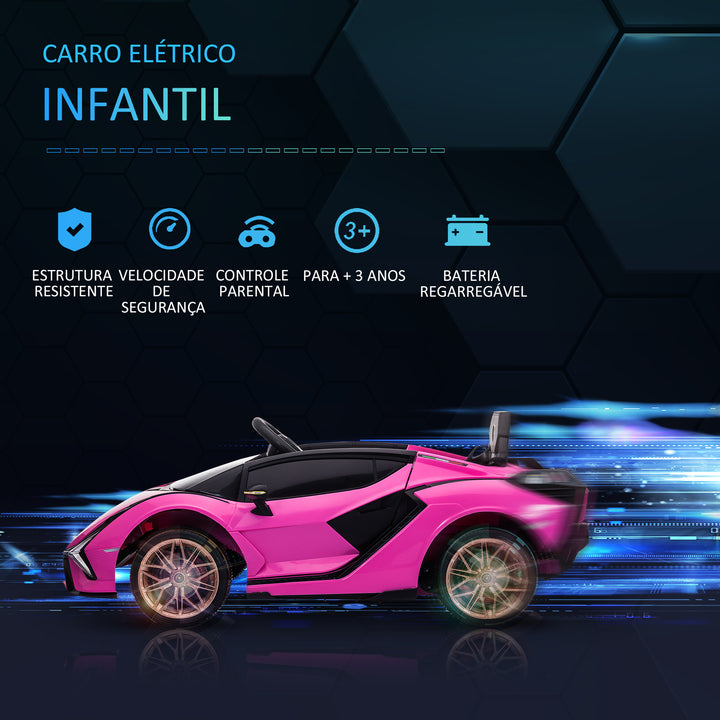 Carro Elétrico Lamborghini SIAN 12V para Crianças acima de 3 Anos com Controle Remoto Abertura da Porta Música MP3 USB e Faróis 108x62x40cm Rosa