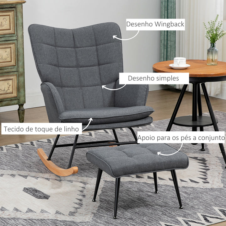 Conjunto de Poltrona Baloiço com Apoio para os Pés Poltrona Relax com Almofada Acolchoada e Anti-Tombo Carga 130 kg Sala de Estar Dormitório 64x89x90 cm Cinza