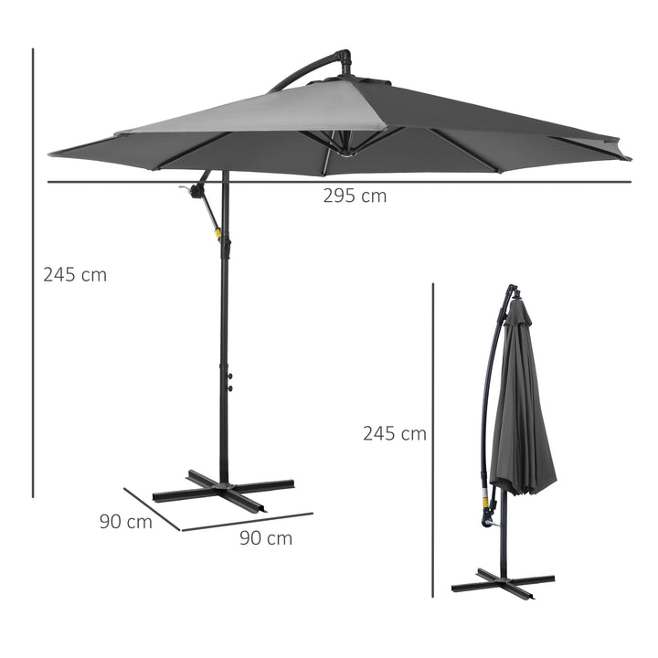 Chapéu de Sol de Jardim Ø300x250cm Chapéu de Sol Excêntrico Inclinável com Manivela Base Cruzada Suporte de Aço e Proteção Solar para Terraço Exterior Cinza