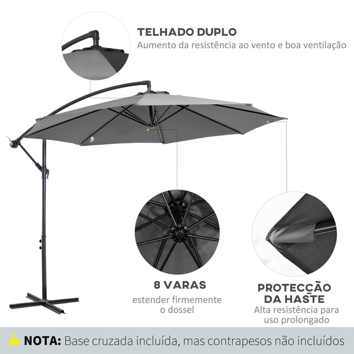 Chapéu de Sol de Jardim Ø300x250cm Chapéu de Sol Excêntrico Inclinável com Manivela Base Cruzada Suporte de Aço e Proteção Solar para Terraço Exterior Cinza