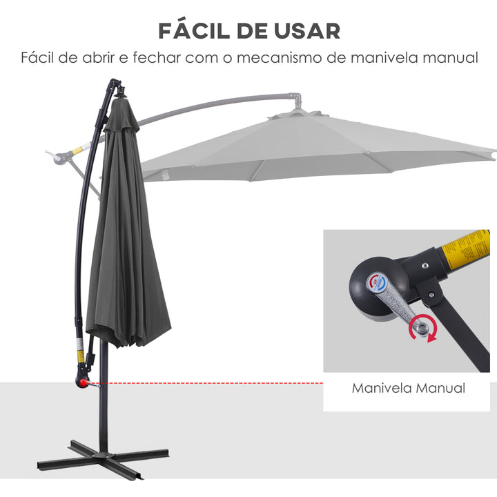 Chapéu de Sol de Jardim Ø300x250cm Chapéu de Sol Excêntrico Inclinável com Manivela Base Cruzada Suporte de Aço e Proteção Solar para Terraço Exterior Cinza