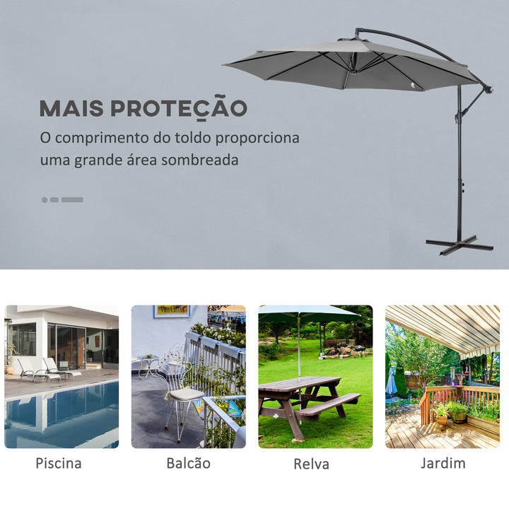 Chapéu de Sol de Jardim Ø300x250cm Chapéu de Sol Excêntrico Inclinável com Manivela Base Cruzada Suporte de Aço e Proteção Solar para Terraço Exterior Cinza